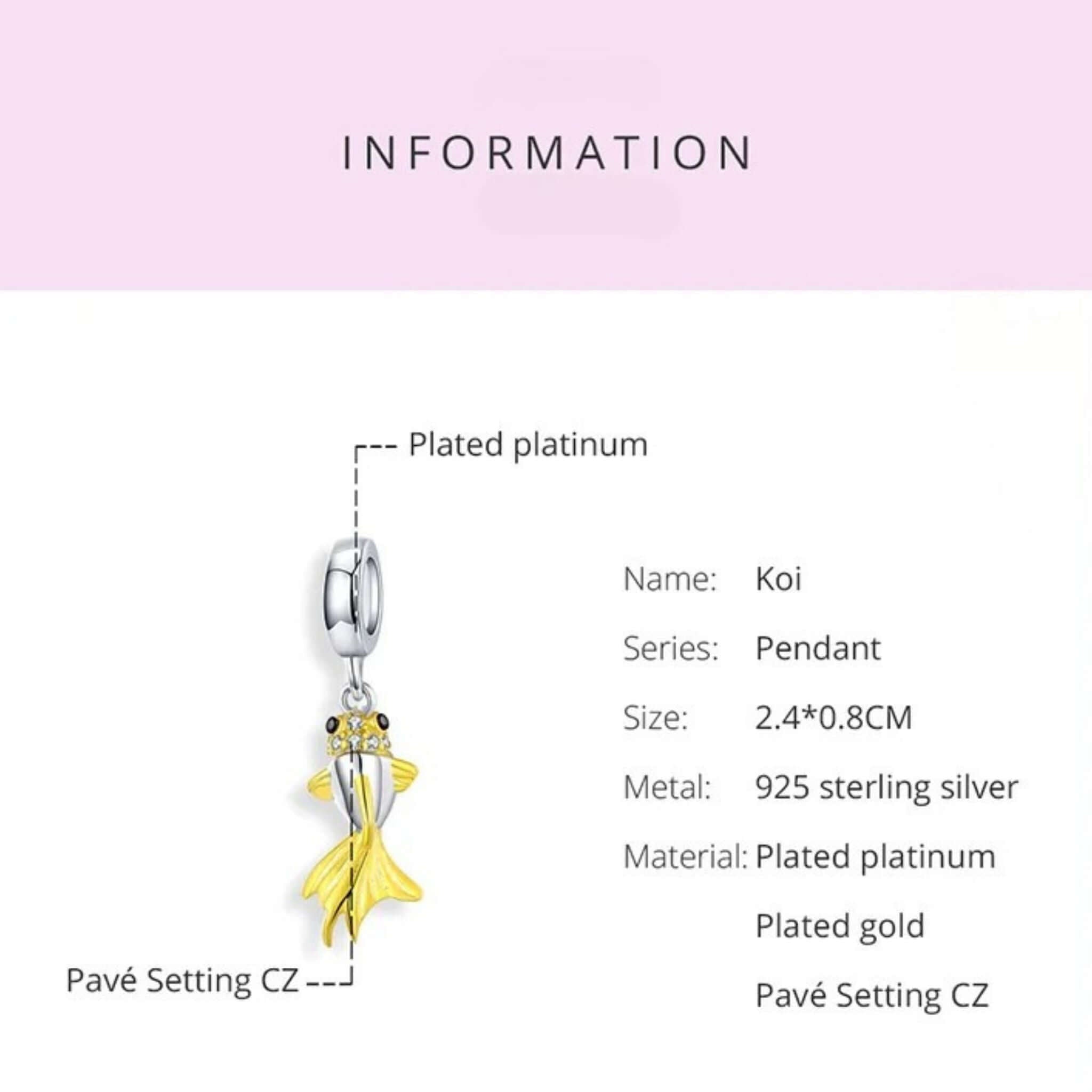 Yellow Koi fish charm on a sterling silver pendant, featuring cubic zirconia accents and plated finishes.