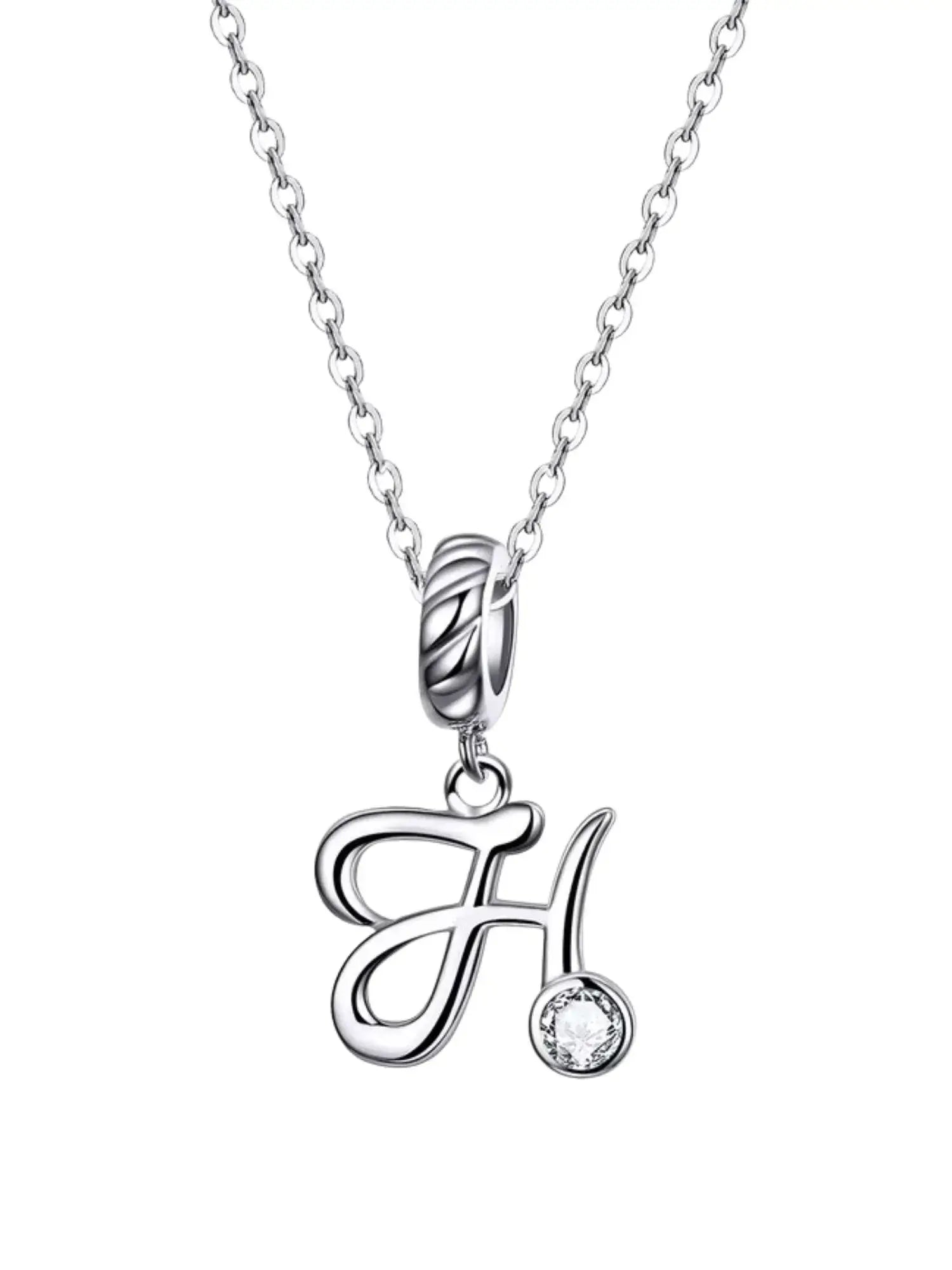 Elegant initial letter H charm necklace in 925 sterling silver with a sparkling zircon, perfect for personal style.