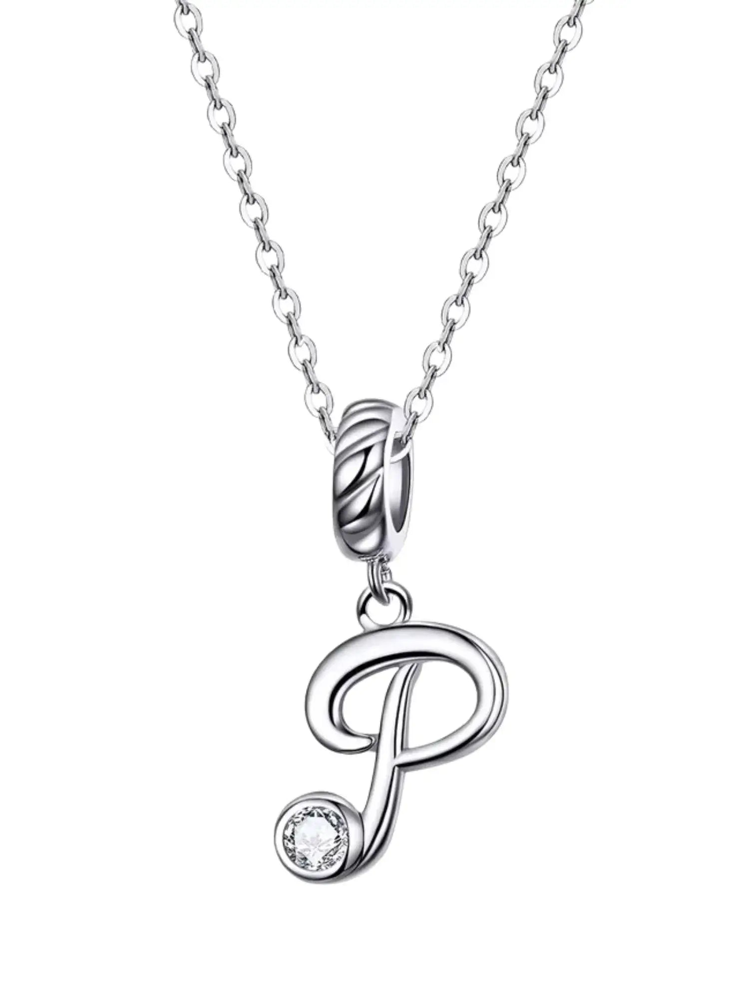 Personalized letter 'P' charm necklace in 925 sterling silver, featuring a sparkling zircon accent.