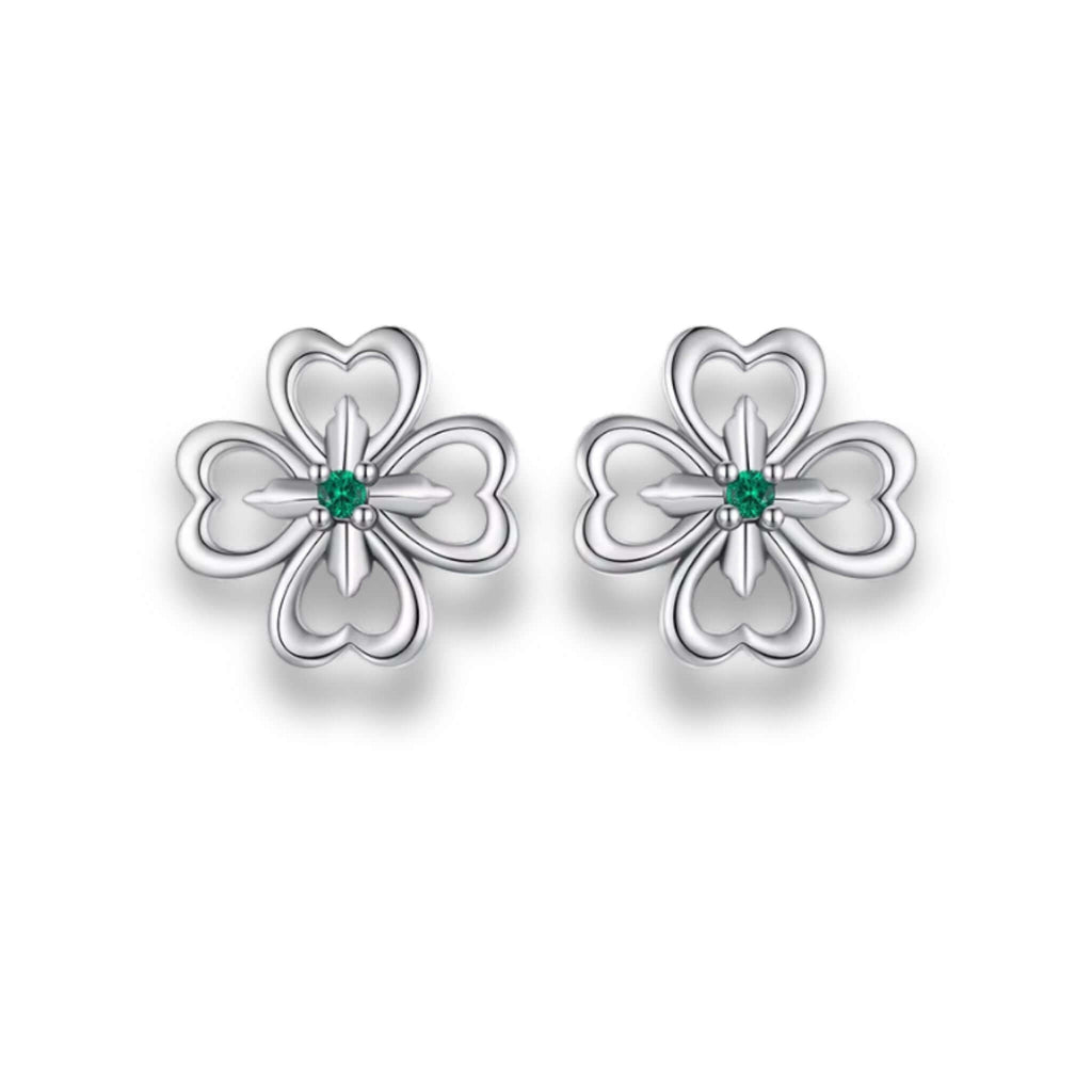 Four Leaf Clover Stud Earrings in 925 sterling silver with green zircon, enhancing elegance and charm.