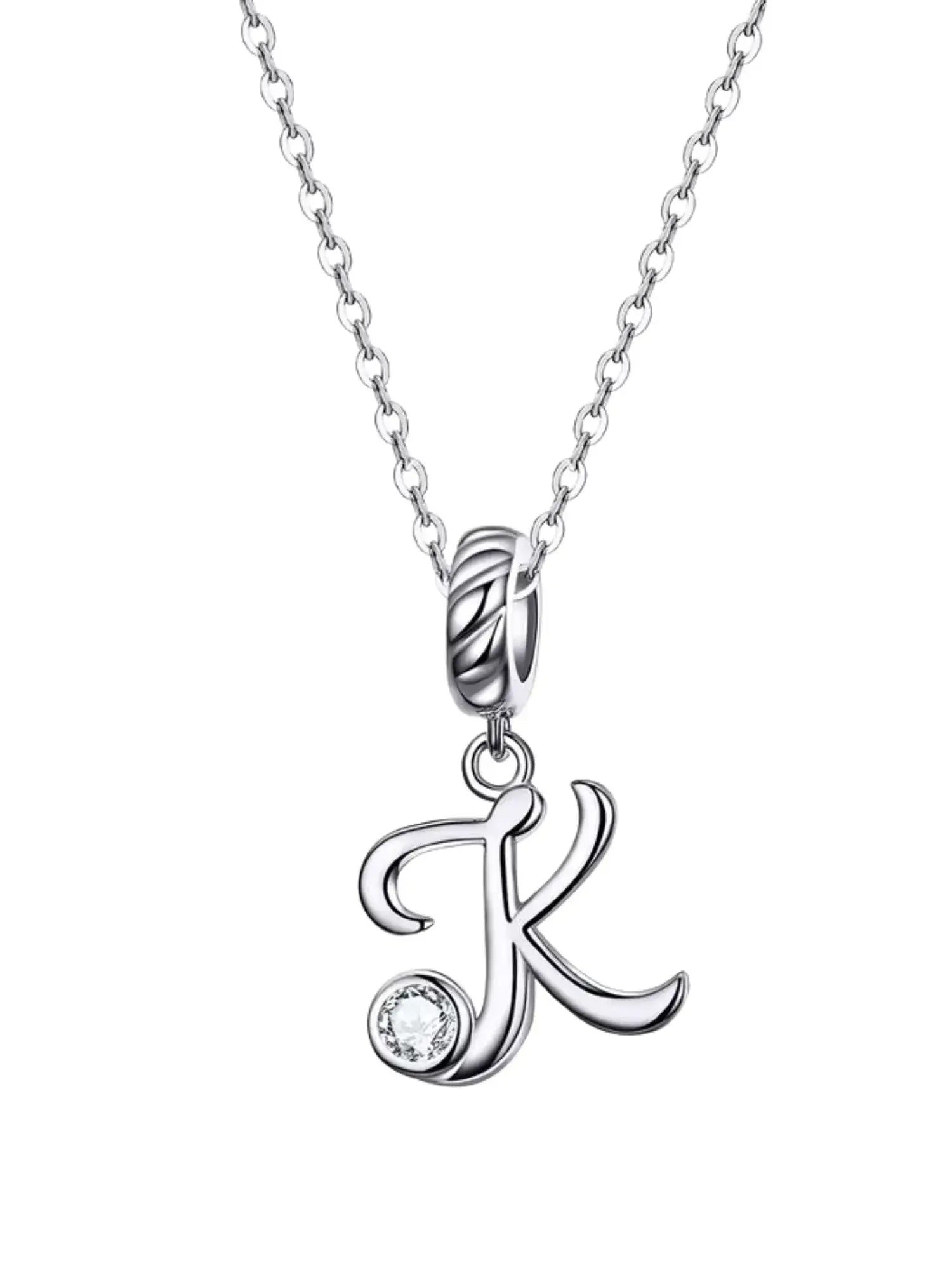 Personalized letter 'K' charm necklace in 925 sterling silver with zircon, perfect for gifting or daily wear.