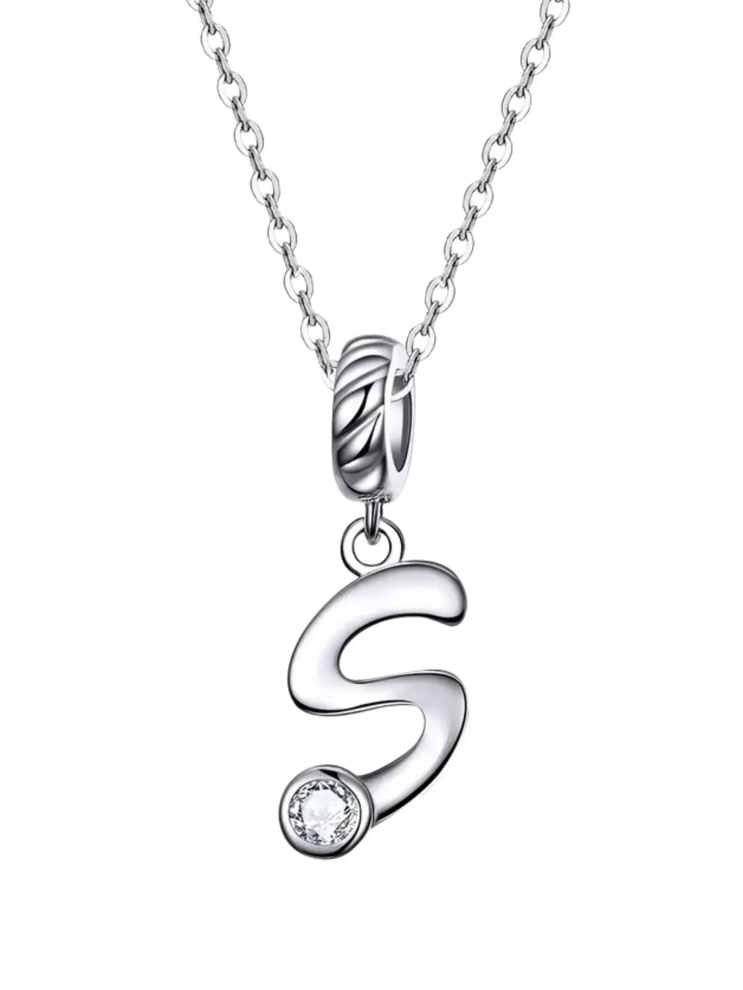 Personalized Letter Charm Necklace featuring 'S' in 925 sterling silver with zircon, elegant pendant for any occasion.