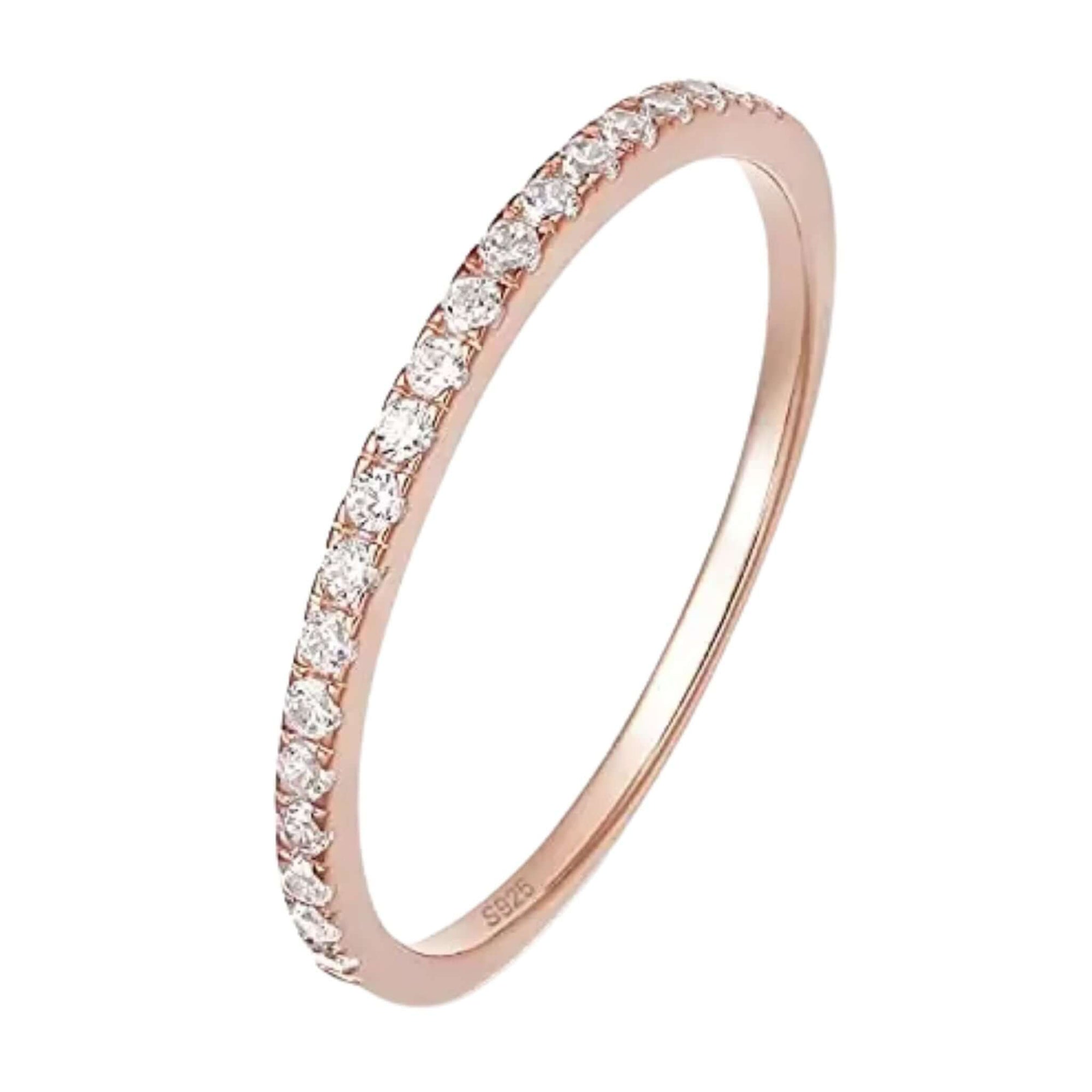 Half Eternity Rose Gold Ring with bezel-set zircons on a 925 sterling silver band, perfect for stackable elegance.