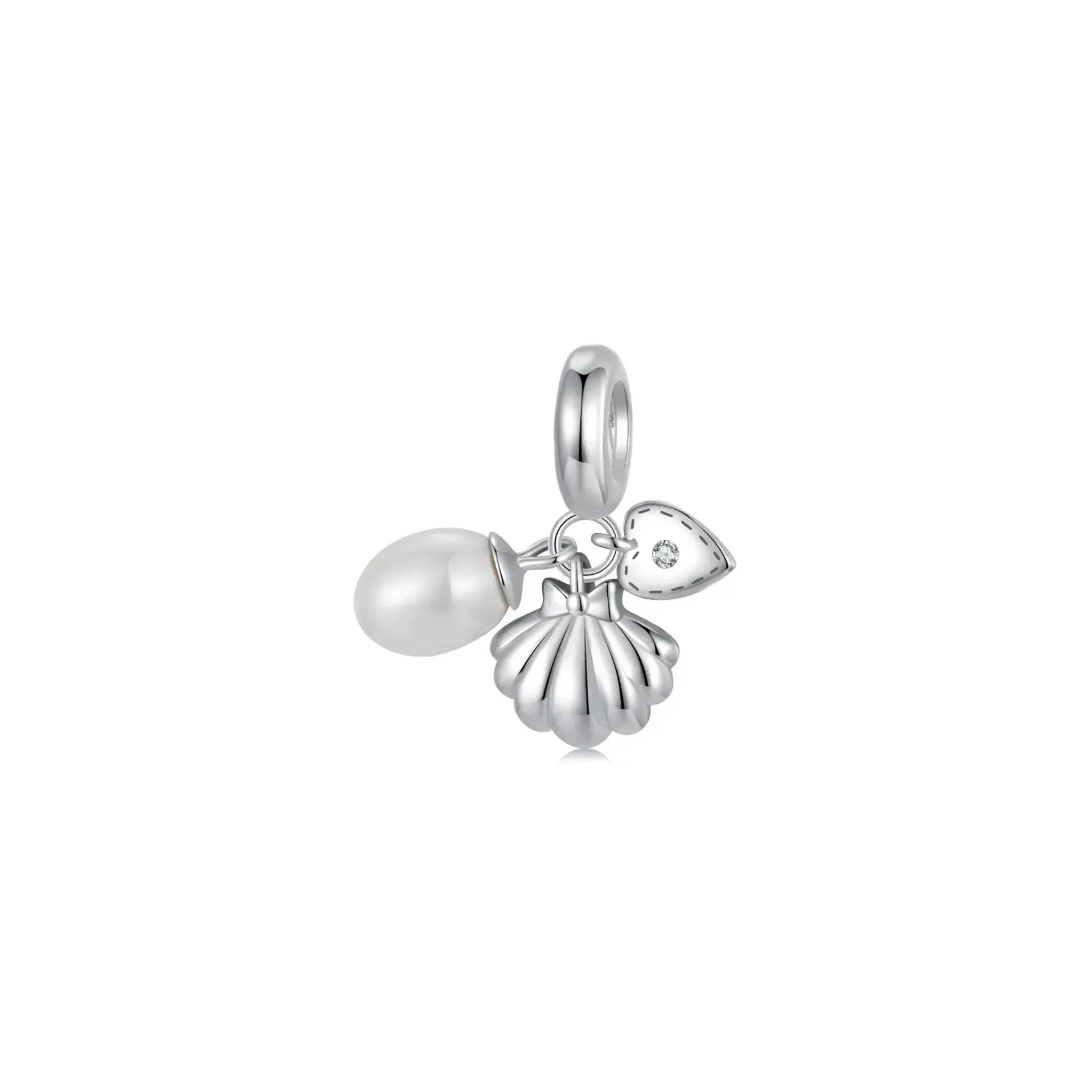 Sterling silver ocean charm featuring a pearl, seashell, and heart detail, perfect for ocean lovers.