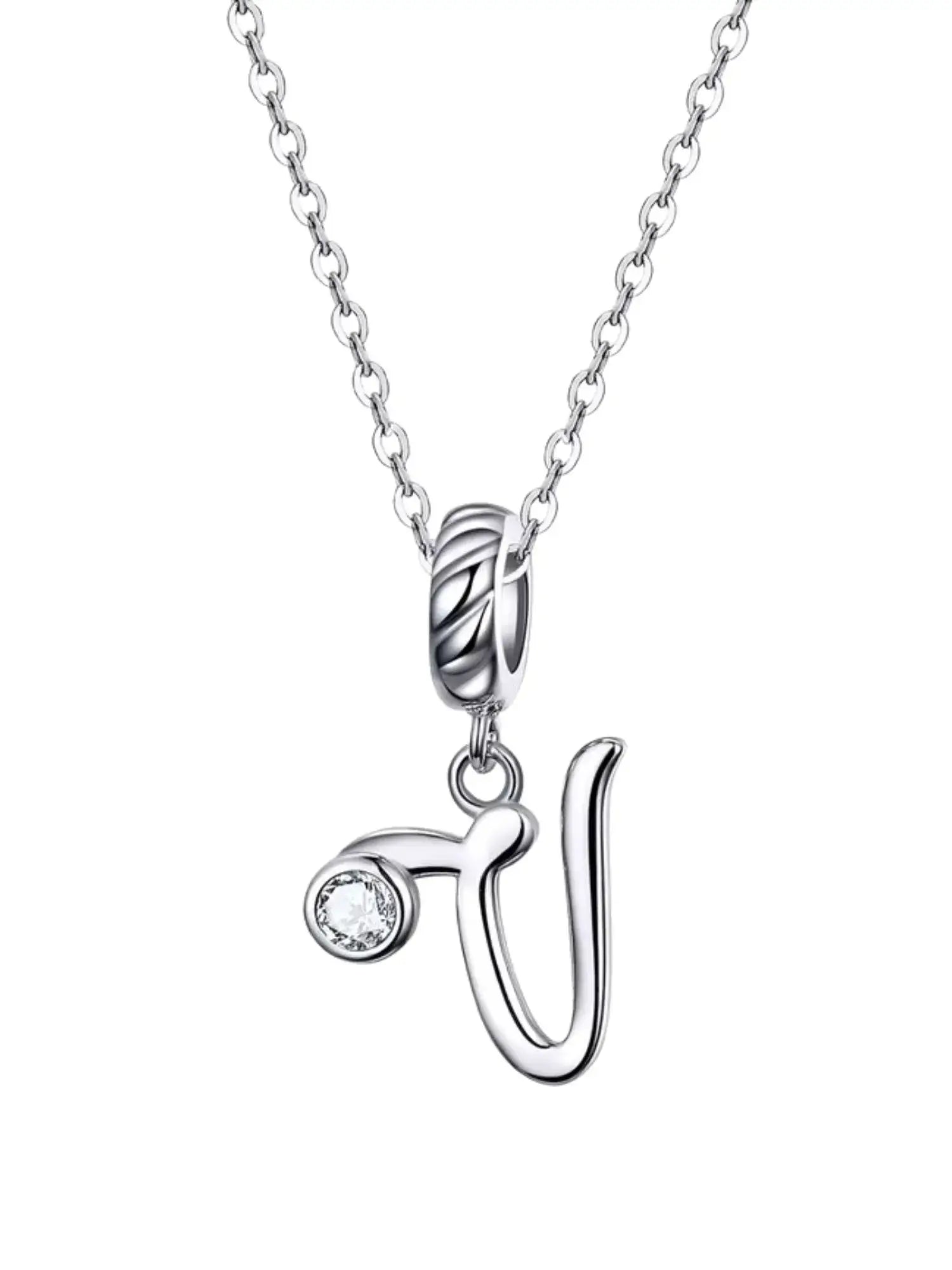 Elegant letter charm necklace in 925 sterling silver with zircon accent, perfect for personalized gifting.