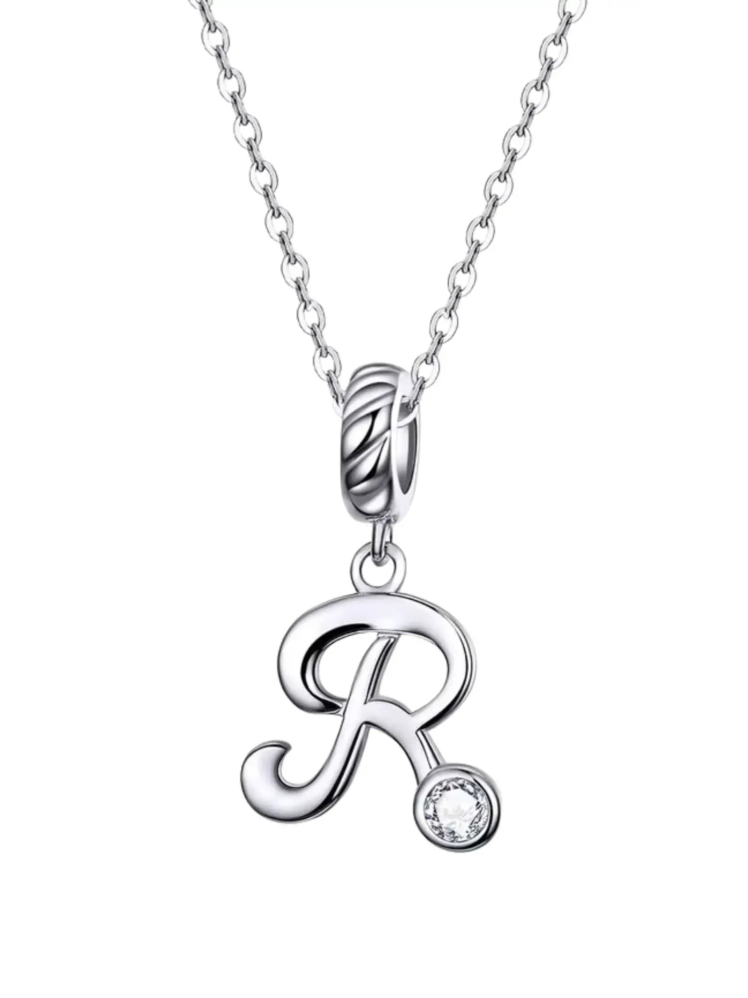 Elegant Letter R Charm Necklace in 925 sterling silver with a zircon stone, perfect for personalized gifting and daily wear.