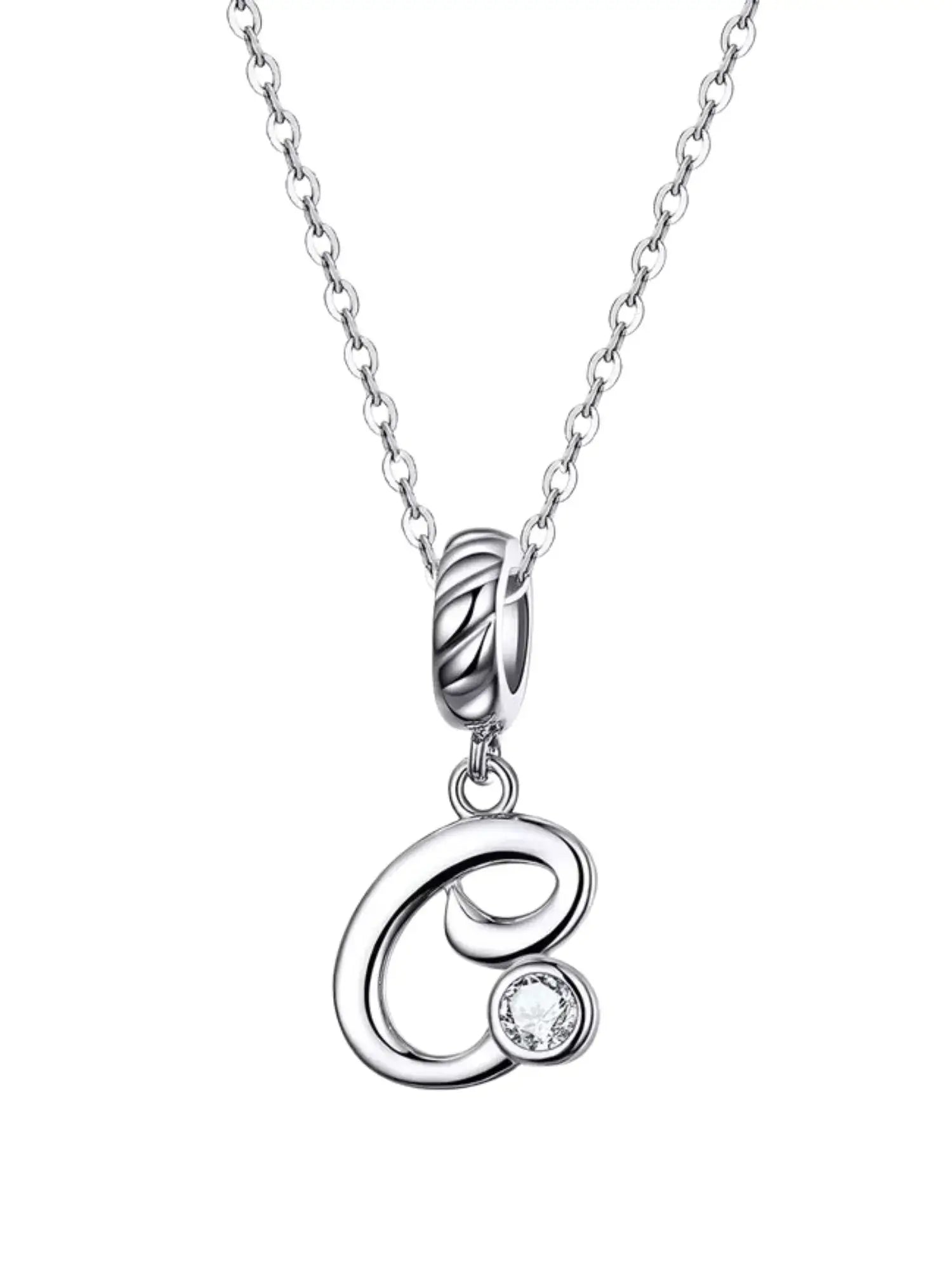 Elegant silver pendant necklace featuring a letter 'C' charm and sparkling zircon, perfect for personalization.