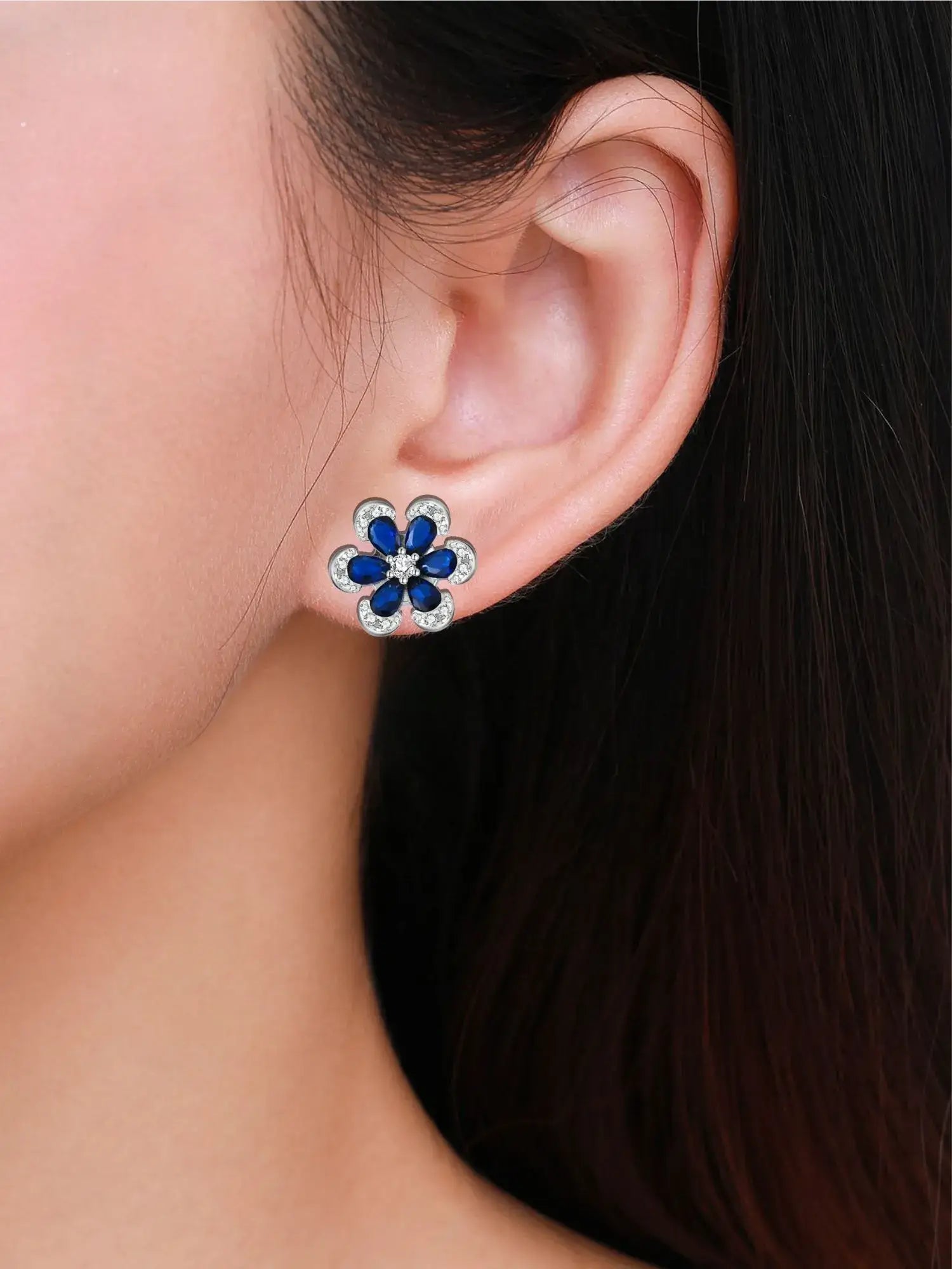 Blue Sapphire Flower Stud Earrings
