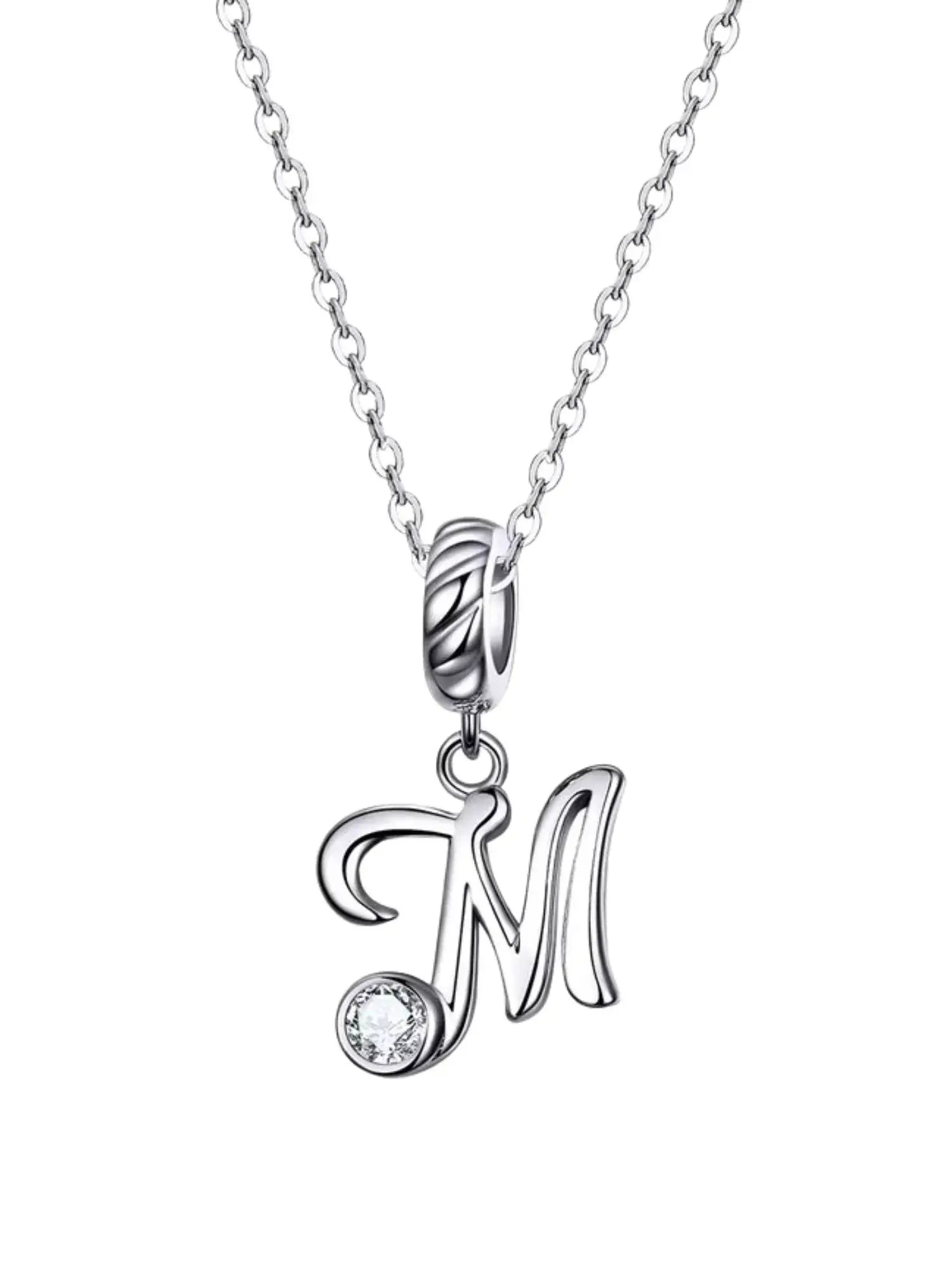 Personalized Letter Charm Necklace in 925 sterling silver with 'M' pendant and zircon accent.