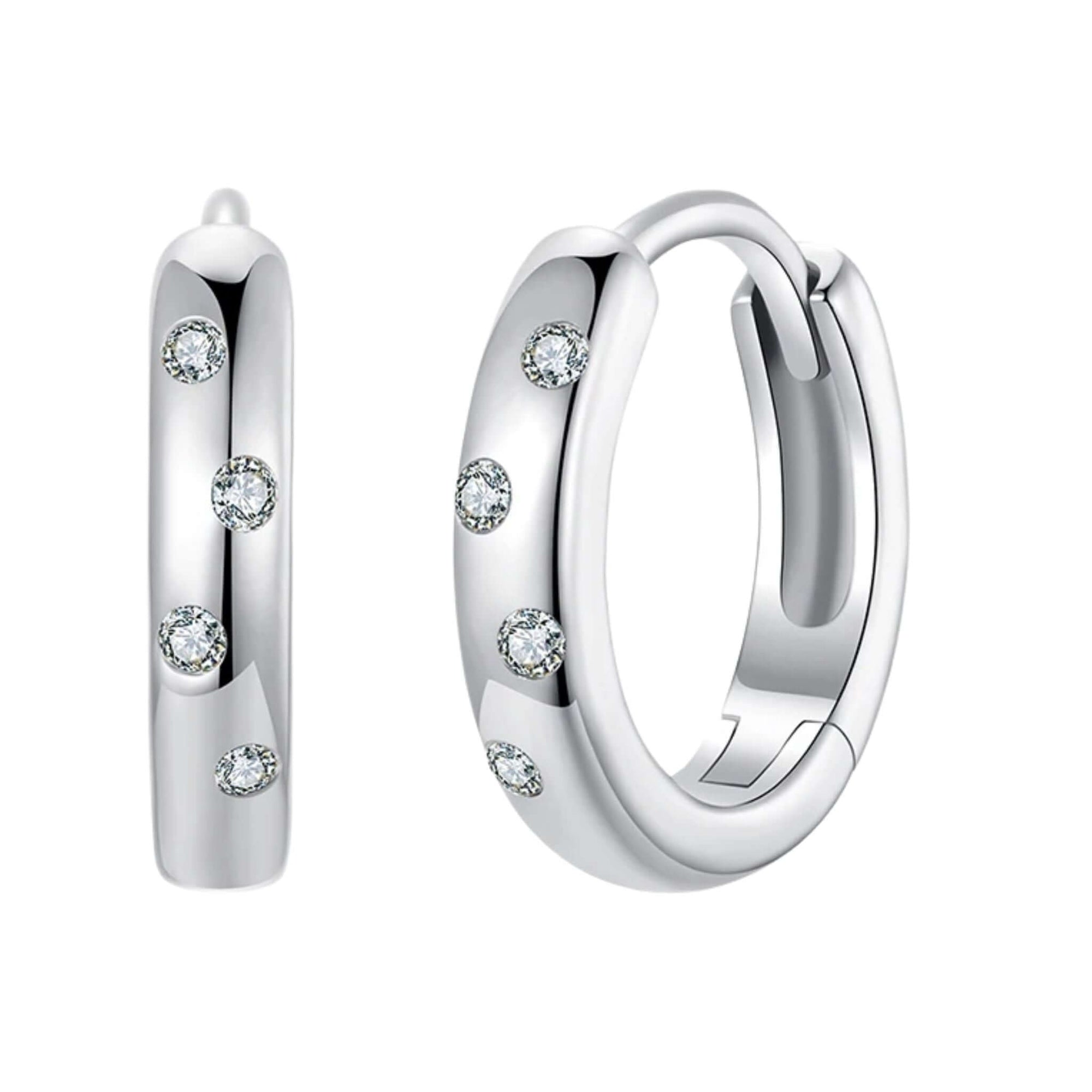 0.05 Ct Moissanite Huggie Hoops in 14k white gold, elegant design with sparkling accents, perfect for any occasion.