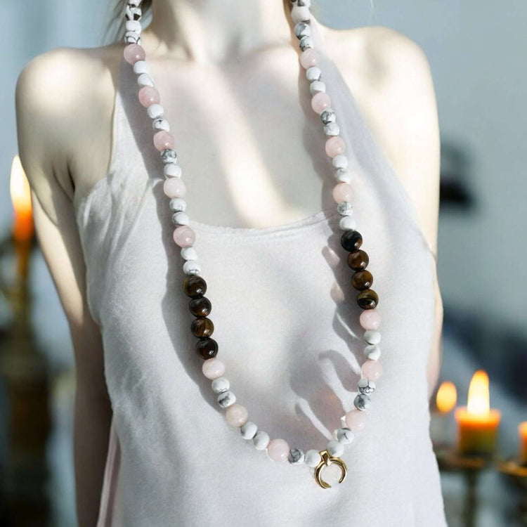 Rose quartz , Howlite, Tigers eye long beaded necklace