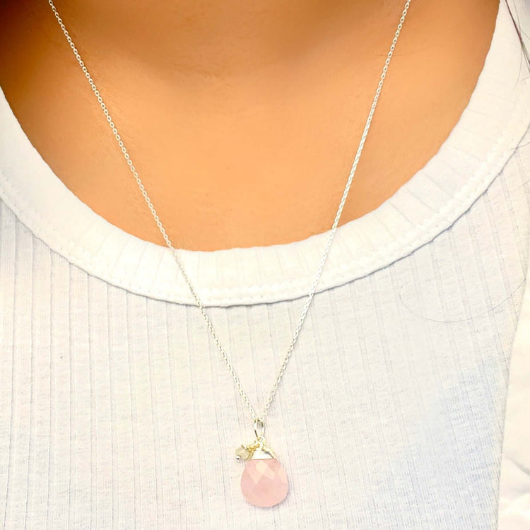 Rose quartz & Moonstone dainty necklace in Sterling silver