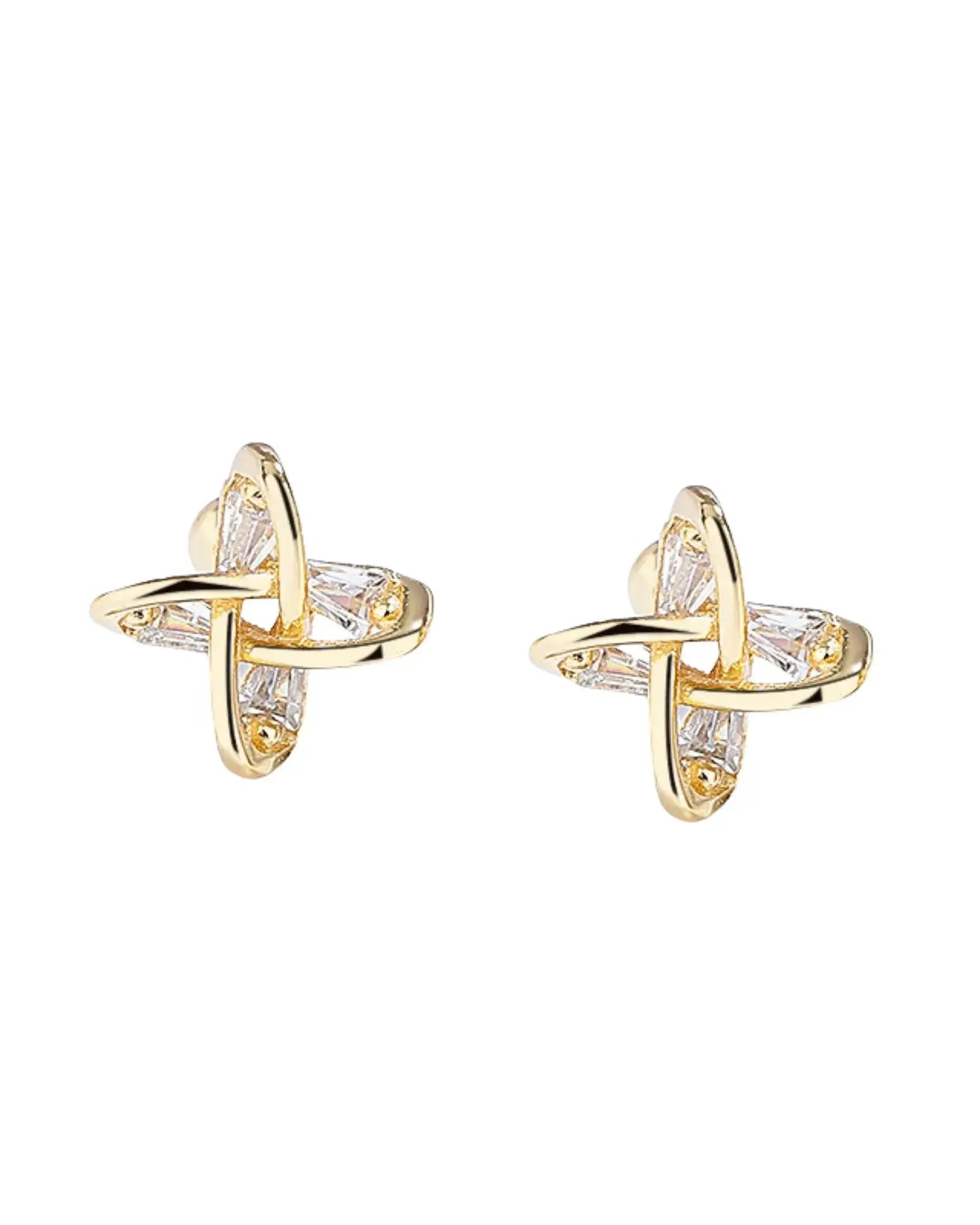 Elegant gold windmill ear studs made of 925 sterling silver with unique design and sparkling accents.