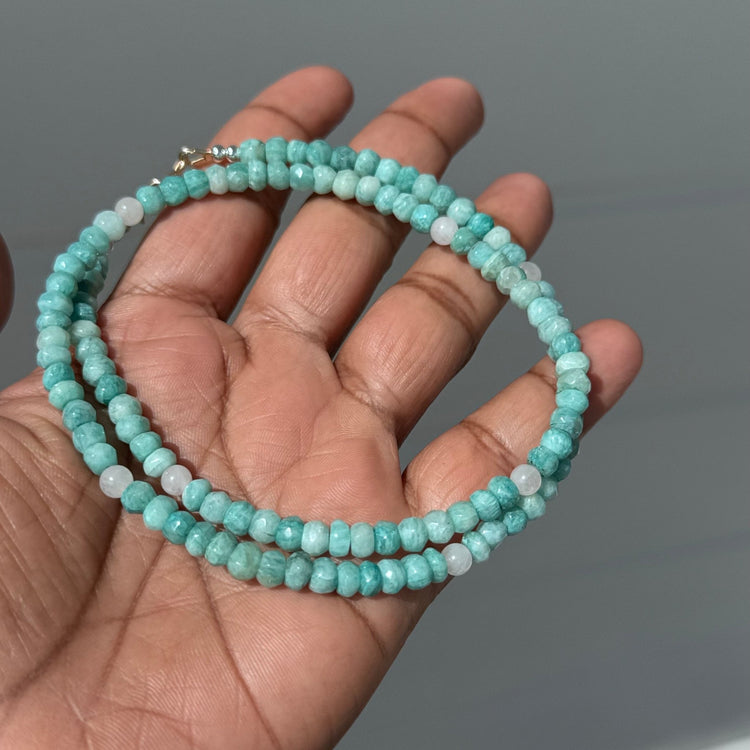 A stunning beaded necklace featuring Amazonite and rose quartz, finished with simple gold filled hook and clasp.