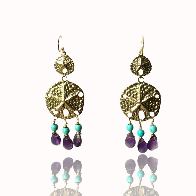 A stunning gold chandelier earring featuring gemstones and sand dollar accents displayed in a white background.