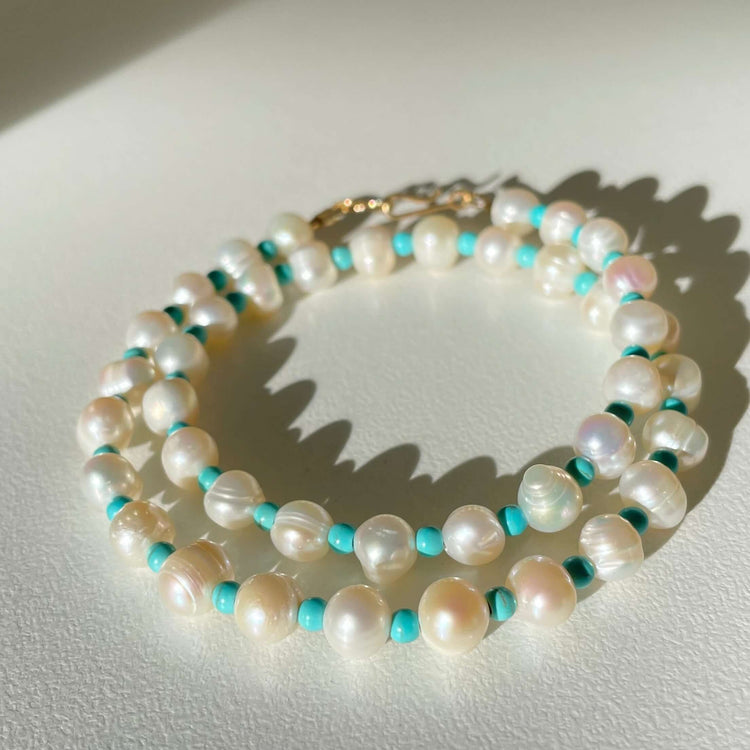 Handmade beaded pearl and turquoise choker necklace