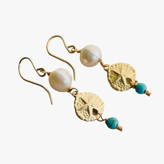 A pair of Elegant artisan crafted earring featuring pearl and natural turquoise beads, made in 14k gold filled. 