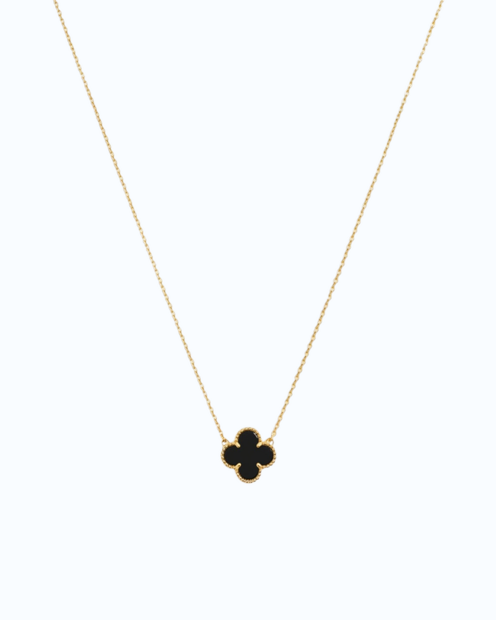 Natural Black Agate Four leaf Clover Pendant Necklace with 18k yellow gold plating and black agate charm.