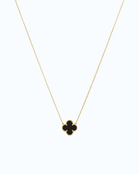 Natural Black Agate Four leaf Clover Pendant Necklace with 18k yellow gold plating and black agate charm.