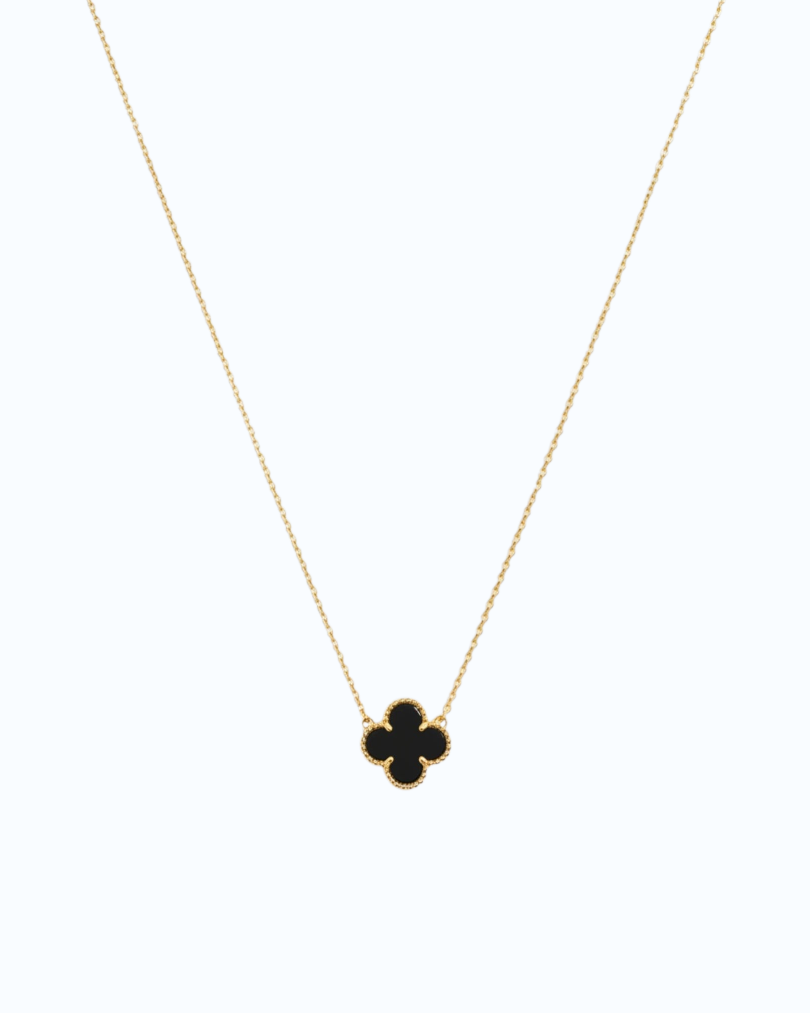 Natural Black Agate Four leaf Clover Pendant Necklace with 18k yellow gold plating and black agate charm.