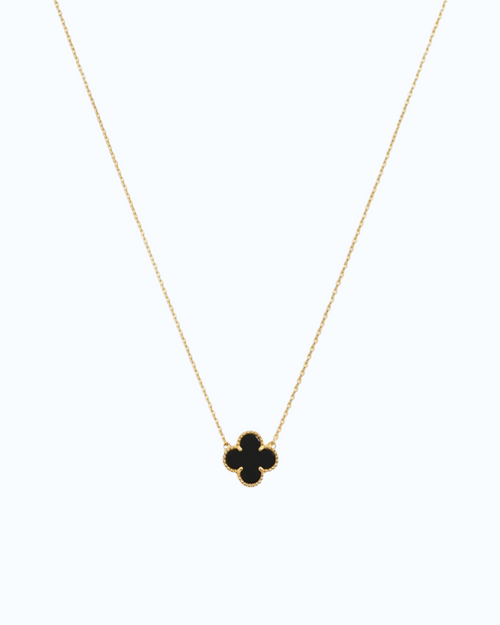 Natural Black Agate Four leaf Clover Pendant Necklace with 18k yellow gold plating and black agate charm.
