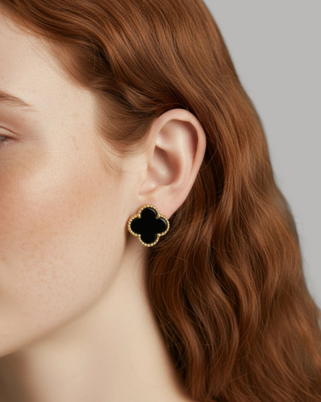 Natural Black Agate Four Leaf Clover Studs
