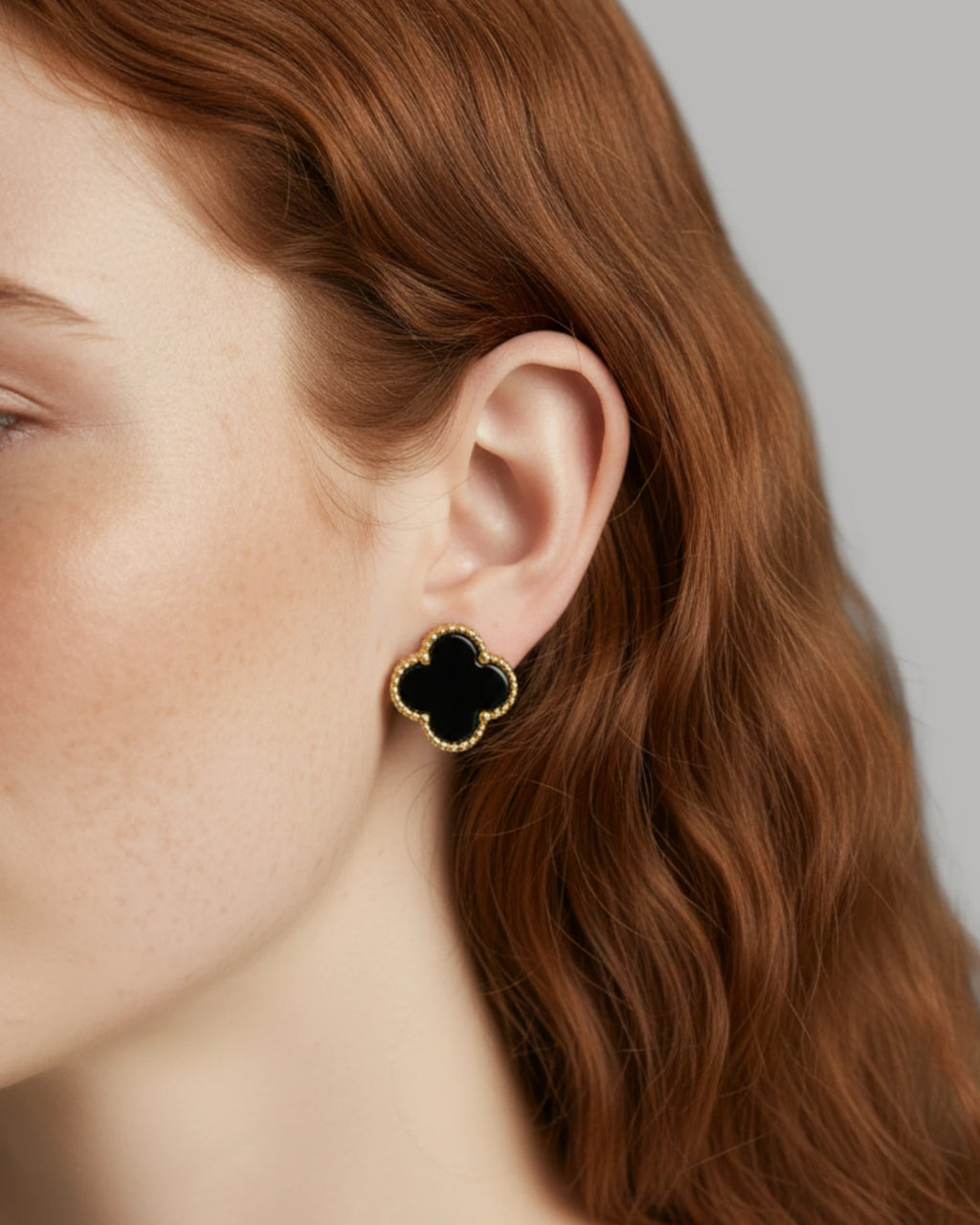 Natural Black Agate Four Leaf Clover Studs