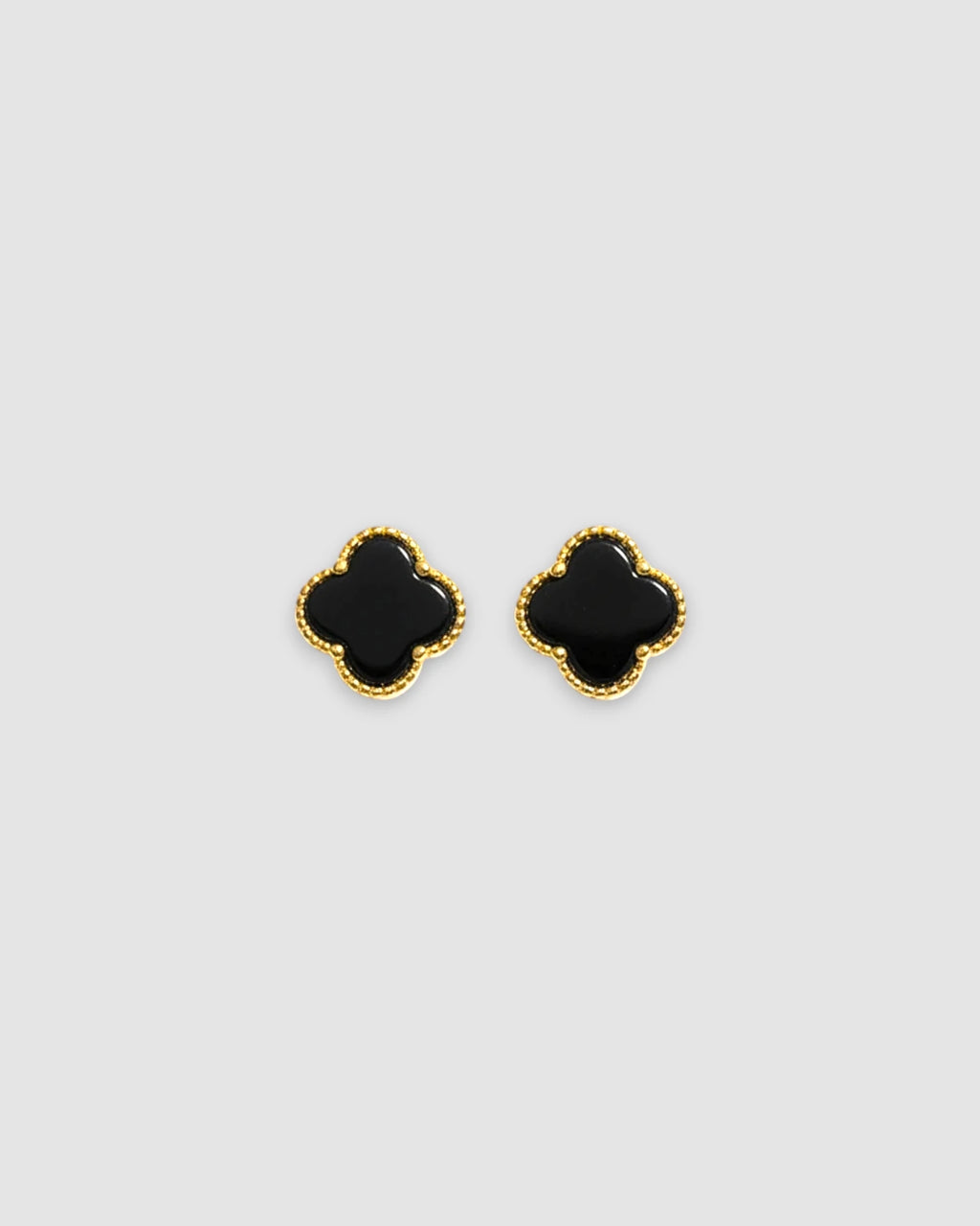 Natural Black Agate Four Leaf Clover Studs in 925 sterling silver with 18k yellow gold plating.