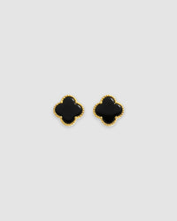 Natural Black Agate Four Leaf Clover Studs in 925 sterling silver with 18k yellow gold plating.