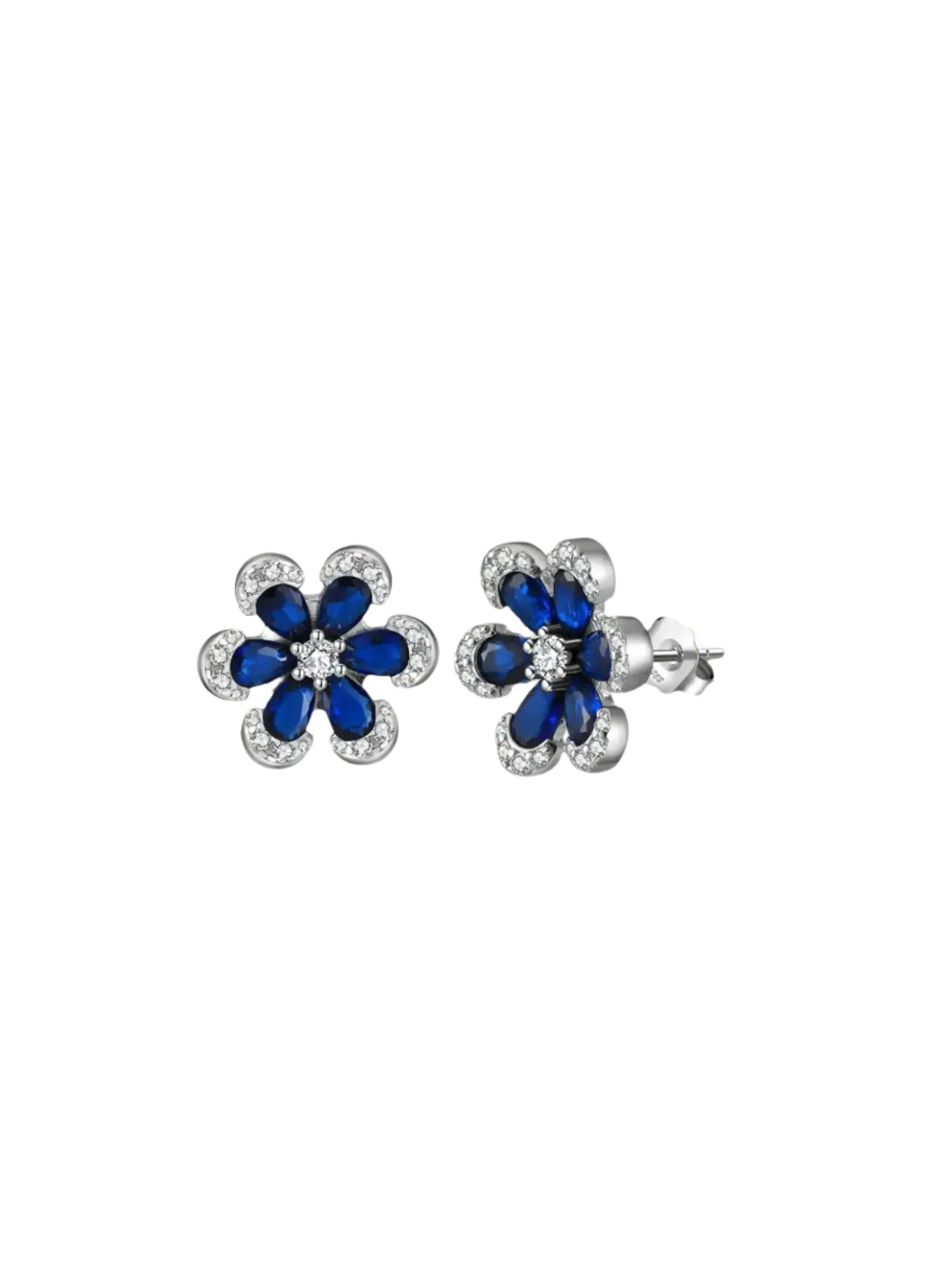 Flower-shaped earrings with blue centers and silver frames on a white background