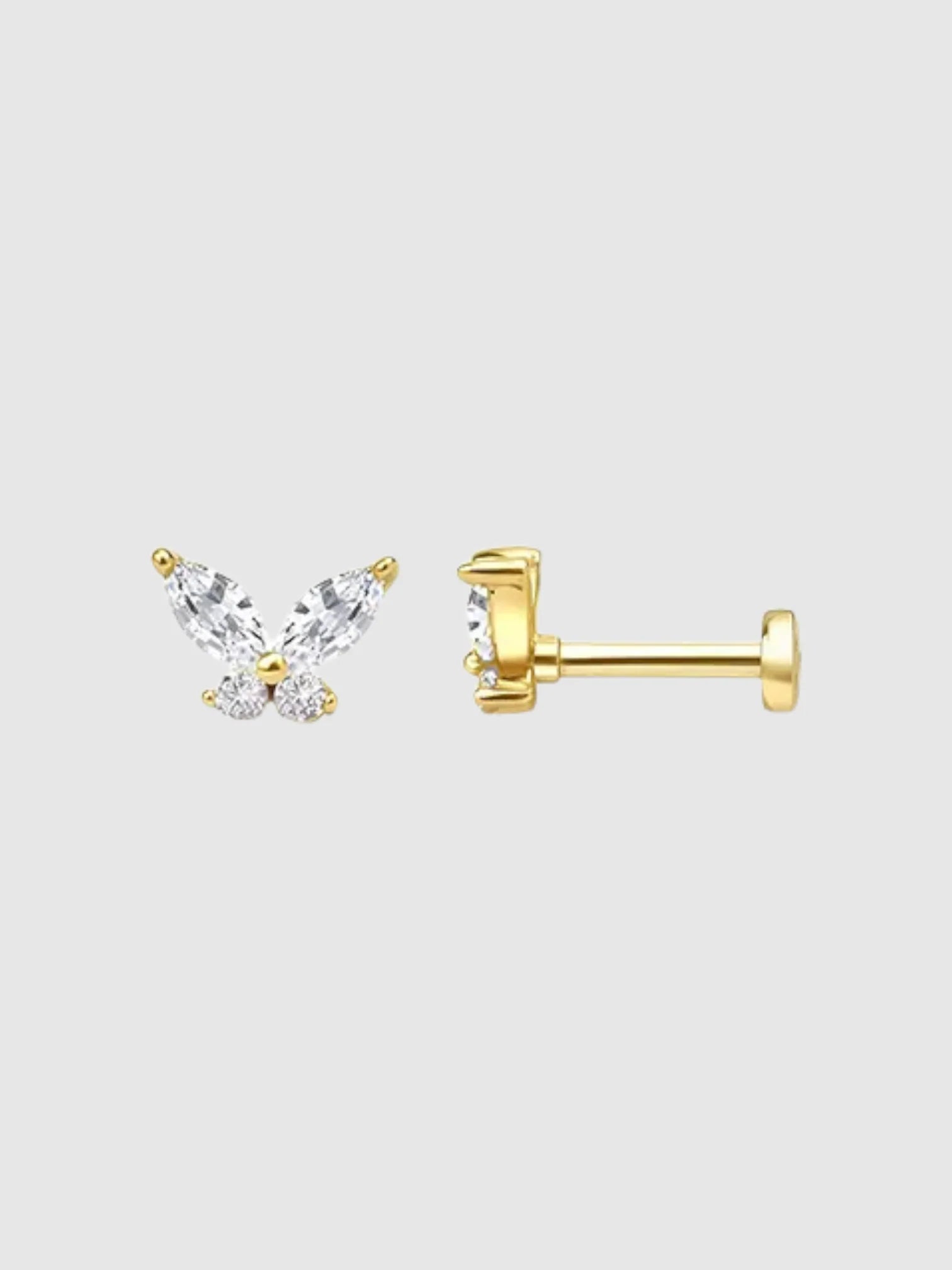 Butterfly Flat Back Cartilage Stud in Gold featuring sparkling gemstones and a comfortable flat back design.