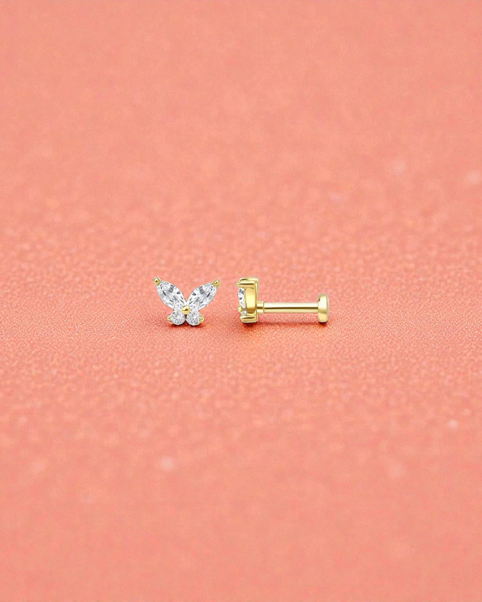 Butterfly Flat Back Cartilage Stud featuring a gold flat back and sparkling butterfly design.