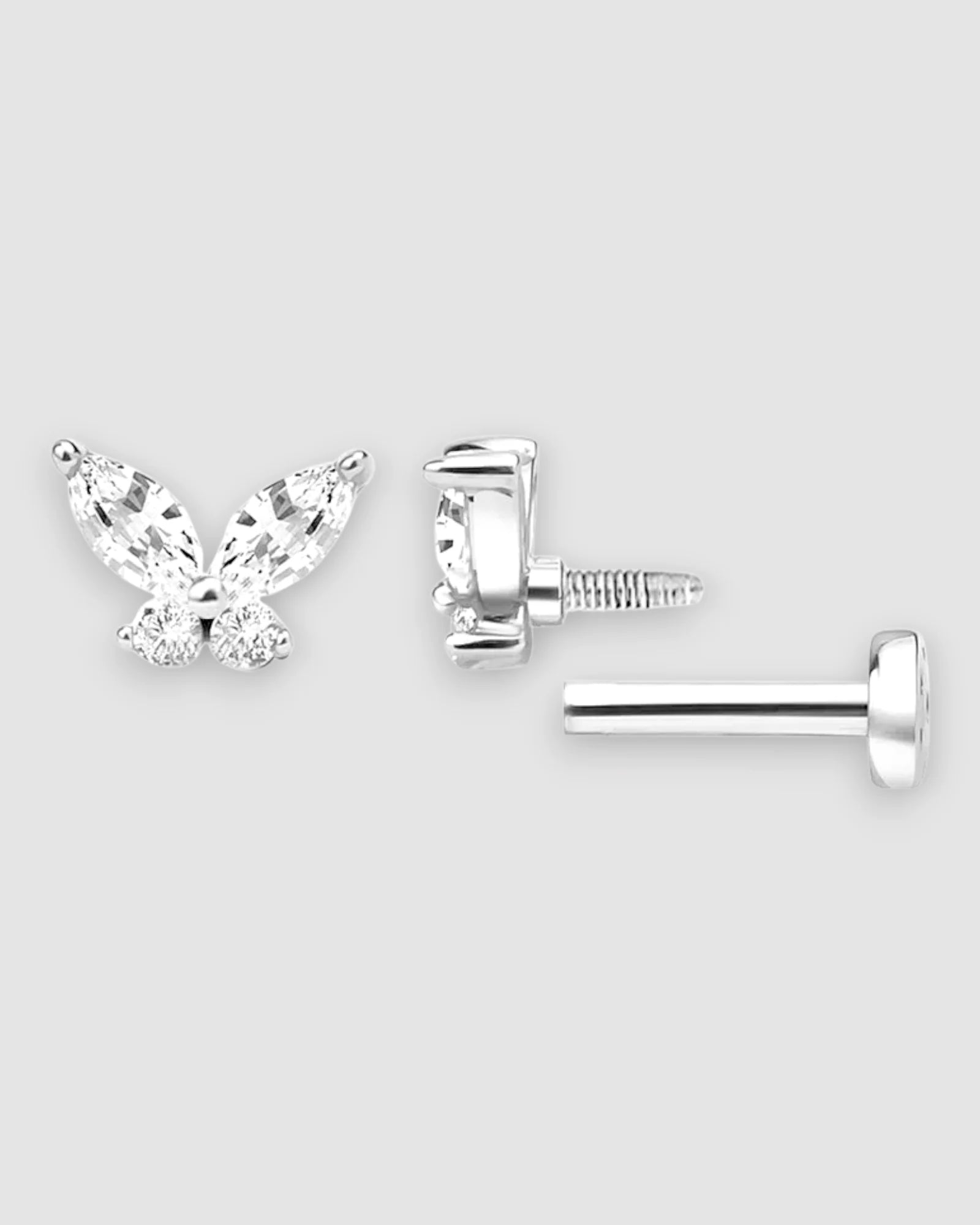 Butterfly Flat Back Cartilage Stud in gold with crystal wings, perfect for comfortable cartilage wear and stylish looks.