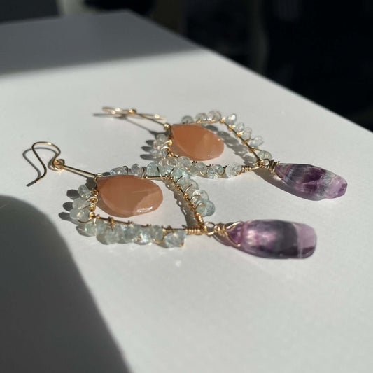 Gold filled Aquamarine, peach moonstone and fluorite earring