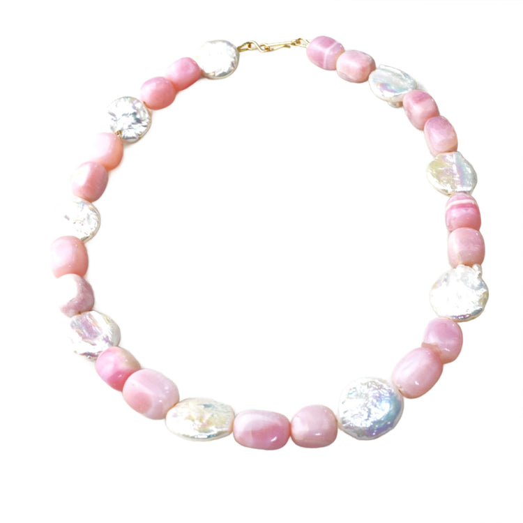 Pink Opal & Button Pearl Statement Necklace