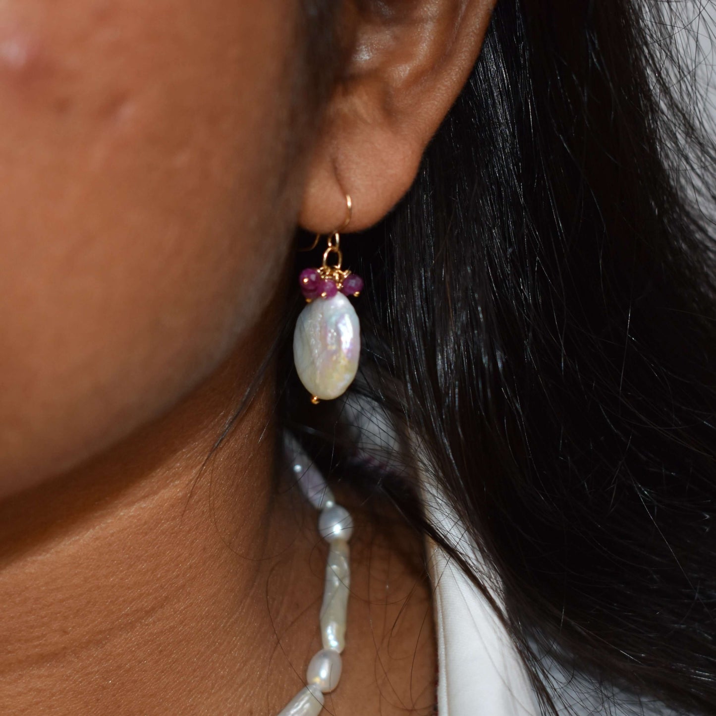 14k Gold Filled Natural Ruby and Pearl Drop earring