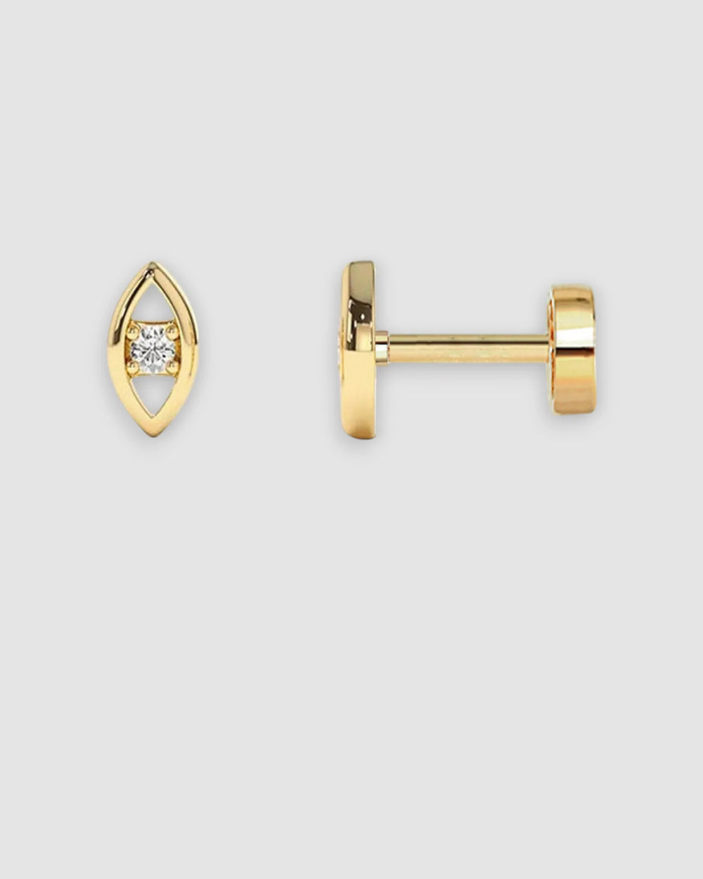 Single Piece Evil Eye Flat Back Cartilage Stud featuring a gold tone and sparkling stone for stylish ear piercing.