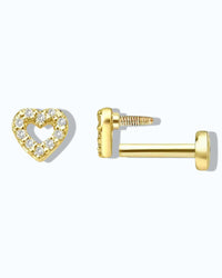 Pearlstones gold heart cartilage stud with cubic zirconia and flat back. 925 sterling silver with 18k gold plating.