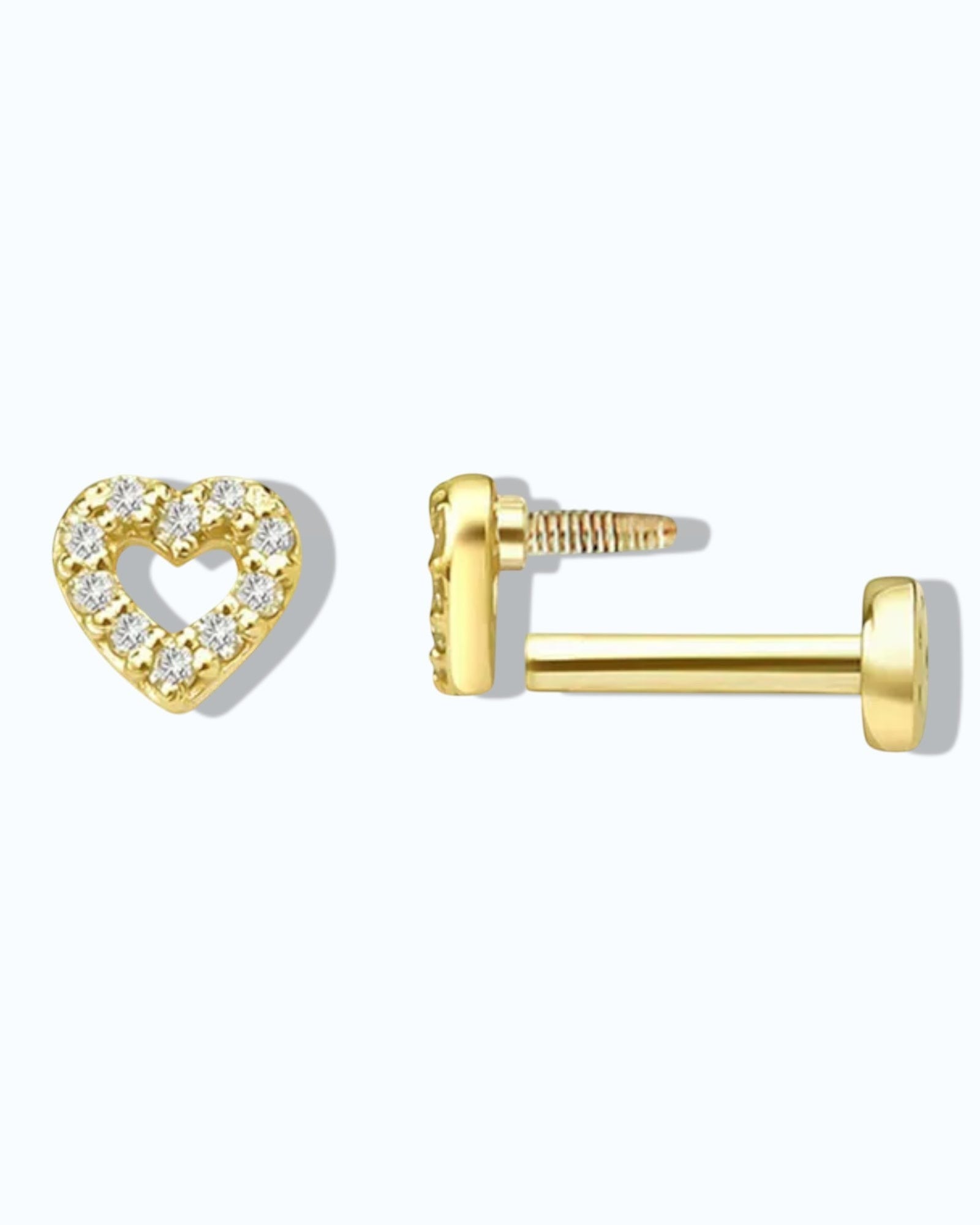Pearlstones gold heart cartilage stud with cubic zirconia and flat back. 925 sterling silver with 18k gold plating.