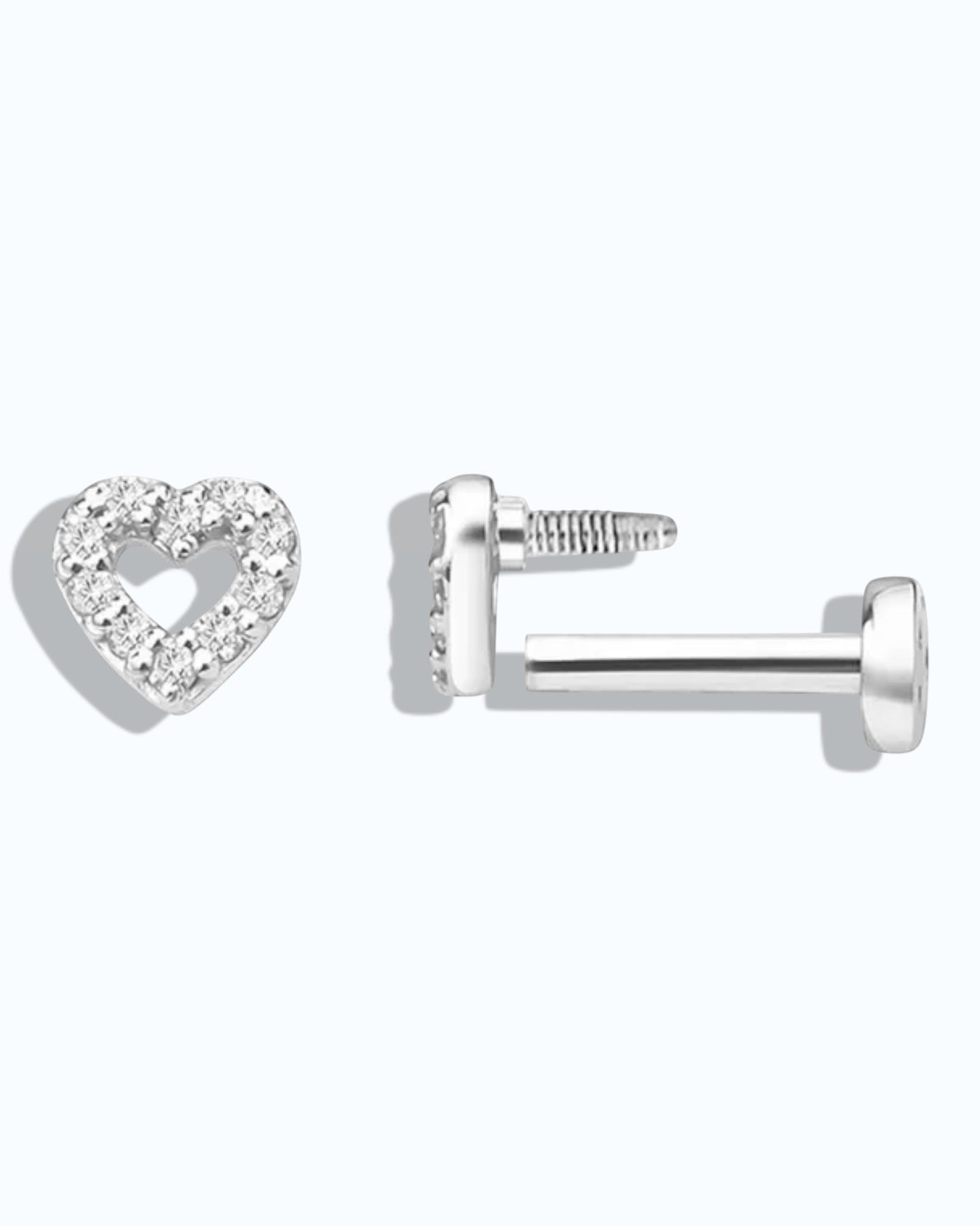 Pearlstones sterling silver heart cartilage stud with cubic zirconia and flat back. Available in gold or white gold plating.