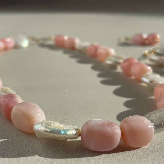 More closer look of the pink opal beads and coin pearls to show the lustre and smooth texture