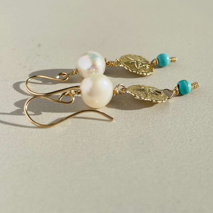 A pair of Beautiful artisan crafted earring featuring pearl and natural turquoise beads, made in 14k gold filled. 