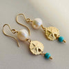 A pair of Beautiful artisan crafted earring featuring pearl and natural turquoise beads, made in 14k gold filled. 