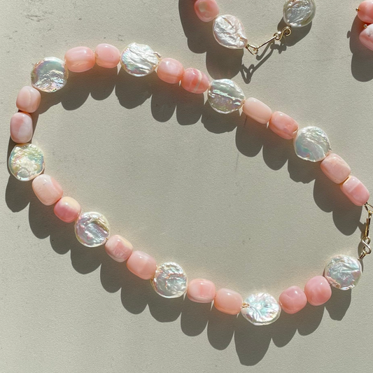 Pink Opal & Button Pearl Statement Necklace