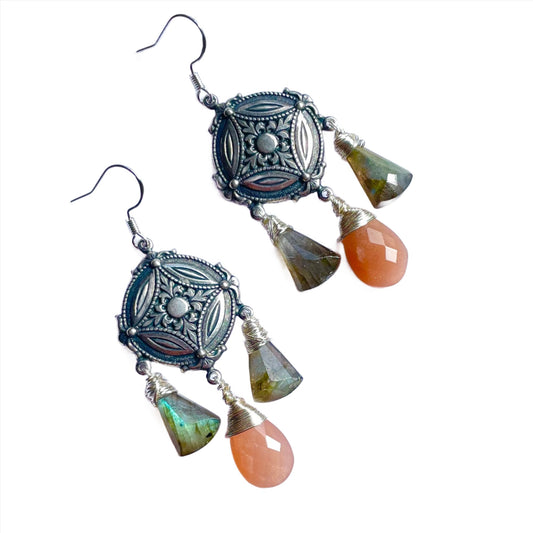 Antique silver finished earrings featuring labradorite and peach moonstone, made in brass and sterling silver 