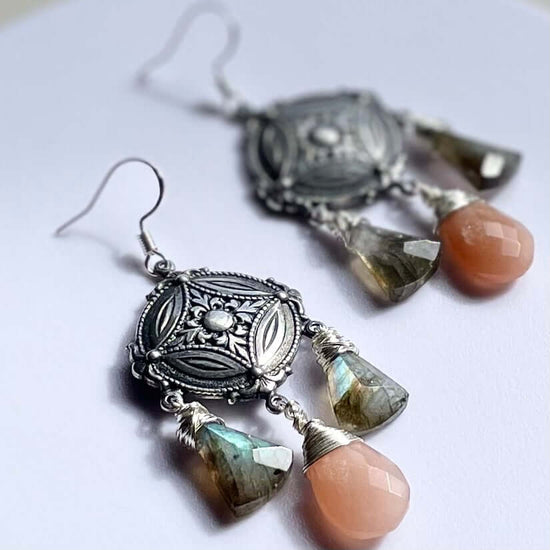 Antique silver finished earrings featuring labradorite and peach moonstone, made in brass and sterling silver 