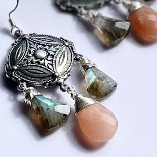 Antique silver finished earrings featuring labradorite and peach moonstone, made in brass and sterling silver 