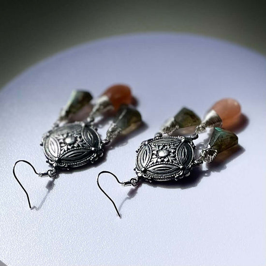 Antique silver finished earrings featuring labradorite and peach moonstone, made in brass and sterling silver 