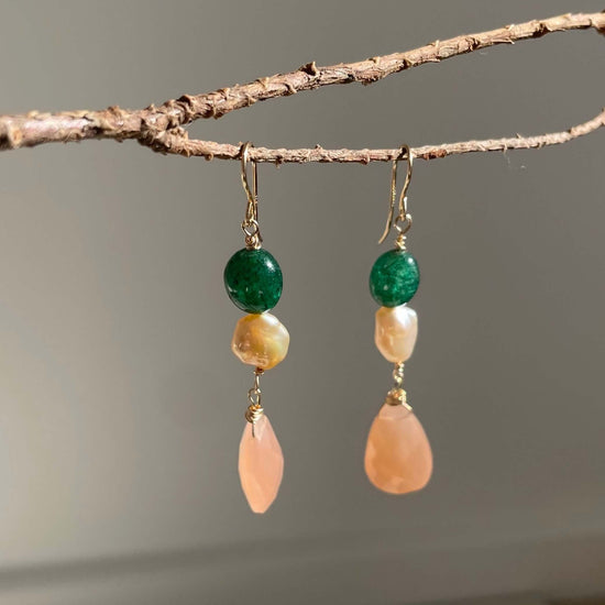 Gold filled earring made of natural emerald, Pearl, and Peach moonstone