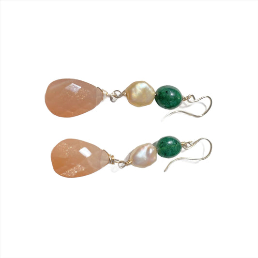 Gold Filled Emerald Pearl and Moonstone Long Drop earring